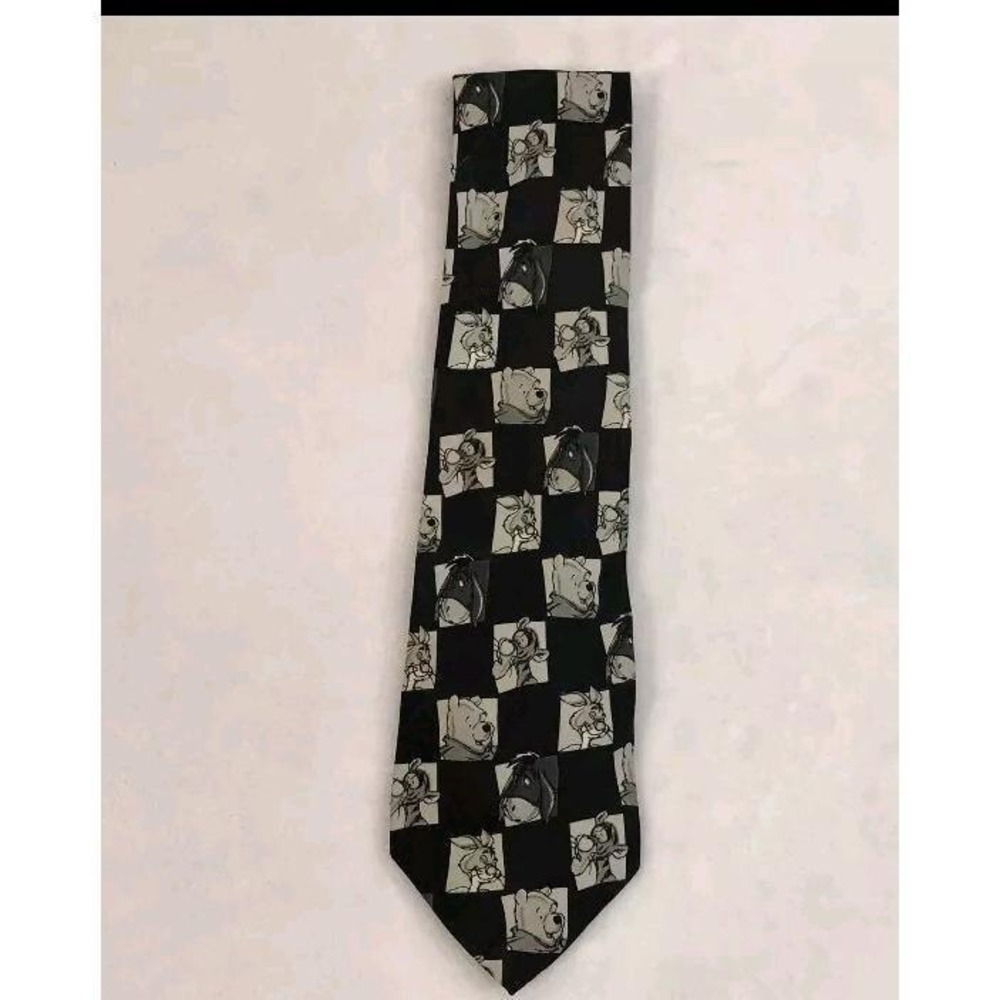 Vtg Necktie Tie Looney Tunes Mania Winnie The Pooh Friends B & W Checkered 1996